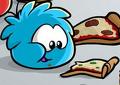 A blue puffle eating a slice of pizza.