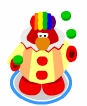 A penguin juggling balls while wearing the Clown Suit.