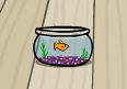 A goldfish in a bowl located in a penguin's Igloo.