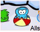 A Blue Puffle playing with a beach ball.