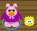 A Yellow Puffle being walked by its owner.