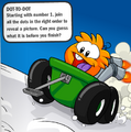 The Orange Puffle driving on its "Monster Truck Wagon."
