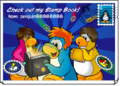 A postcard with three of the four penguins. (Note how The Sidekick is flipped)
