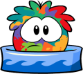 A Rainbow Puffle bathing.
