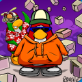 The background on a penguin's player card. Note: a pin is blocking his face.