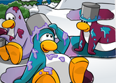 Three penguins wearing paint buckets on their heads.