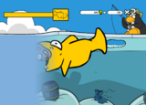 Grey fish being eaten by a giant Fluffy.