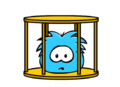 A captured blue puffle in a cage, when puffles had only been recently discovered.
