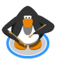 A penguin playing drumsticks.
