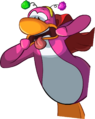 A pink penguin wearing a Red Cape.