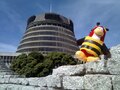 A bee penguin on some rocks.