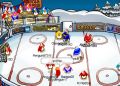 The big hockey game between the Blue Team and the Red Team.