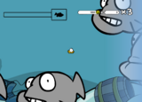 Many grey fish at full size running away from the Enormous Grey Fish.
