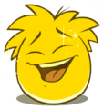 A Gold Puffle laughing.