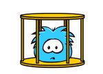 A captured puffle in a cage.