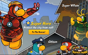 A screen where penguins choose if they want to be a super hero, a super villain or a citizen.