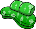 Green couch with chinese decorations