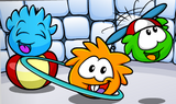 Orange Puffle playing with the Blue and Green puffles.