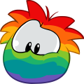 A Rainbow Puffle looking down from a cloud.