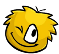 A winking blue puffle with golden paint on it from The Legend of the Golden Puffle.