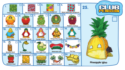 The new items on a checklist from Club Penguin.