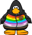 The Striped Puffle Jacket on a player card.