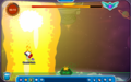 The penguin on fire when hit by Protobot's laser.