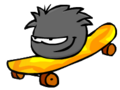 A black Puffle on a skateboard.