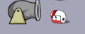 A red puffle while playing with the cannon.