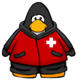 The player card of a penguin wearing the Ski Patrol Jacket.