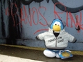 A rockstar penguin standing near graffiti.