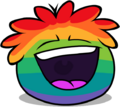A Rainbow Puffle laughing.