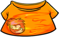 Orange T-shirt with black puffle in fire