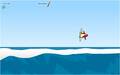 A penguin playing Catchin' Waves with a silver board.