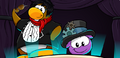 A penguin and a purple puffle at the Fashion Show.