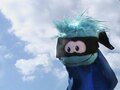 A flying ninja masked blue puffle.