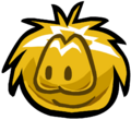 A puffle-shaped chocolate in golden wrapper.