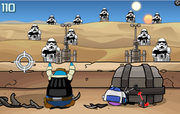 The player surrenders to the army and the R2-D2 puffle repairs a box.