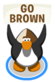 A penguin doing the wave action with the Brown Face Paint on causing it to hold up a sign that says GO BROWN.