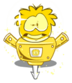 A Gold Puffle playing with the Gold Jackhammer.
