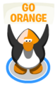 A penguin doing the wave action with the Orange Face Paint on causing it to hold up a sign that says GO ORANGE.
