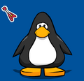 A penguin wearing the Red Electric Guitar pin on a player card.
