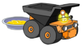 A Gold Puffle playing with the Gold Puffle's Dump Truck.