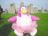 A ballerina penguin near Stonehenge, located in England.