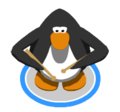 A penguin playing drumsticks.