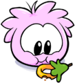A Pink Puffle eating a Puffle-O.