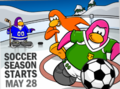 A pink penguin wearing Cleats.