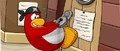 A red penguin trying to get into the Captain's Quarters without the key.