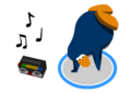 A penguin breakdancing with boombox.