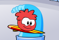 A red puffle while taking a bath.
